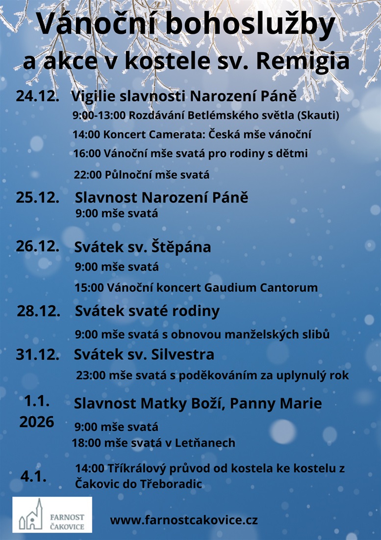 Vánoční bohoslužby a akce v kostele sv. Remigia v Čakovicích