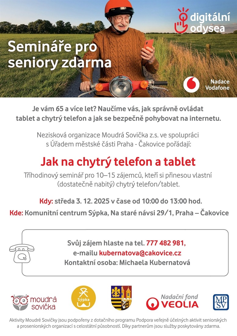 Moudrá Sovička. Nabídka vzdělávacích akcí pro seniory 65+ Jak na chytrý telefon, tablet nebo počítač