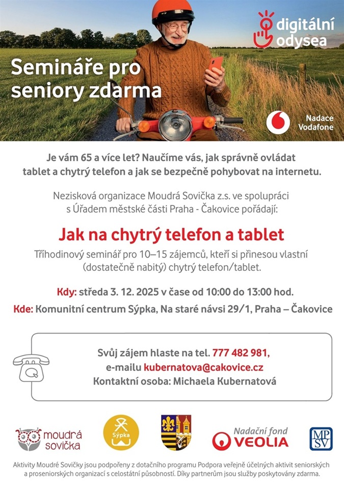 Moudrá Sovička. Nabídka vzdělávacích akcí pro seniory 65+ Jak na chytrý telefon, tablet nebo počítač